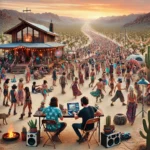 DALL·E 2024-11-14 00.31.28 - A scene of a massive, surreal desert party in Joshua Tree, with a rustic, modern desert home at the center. A lively line of wanderers, adventurers, a